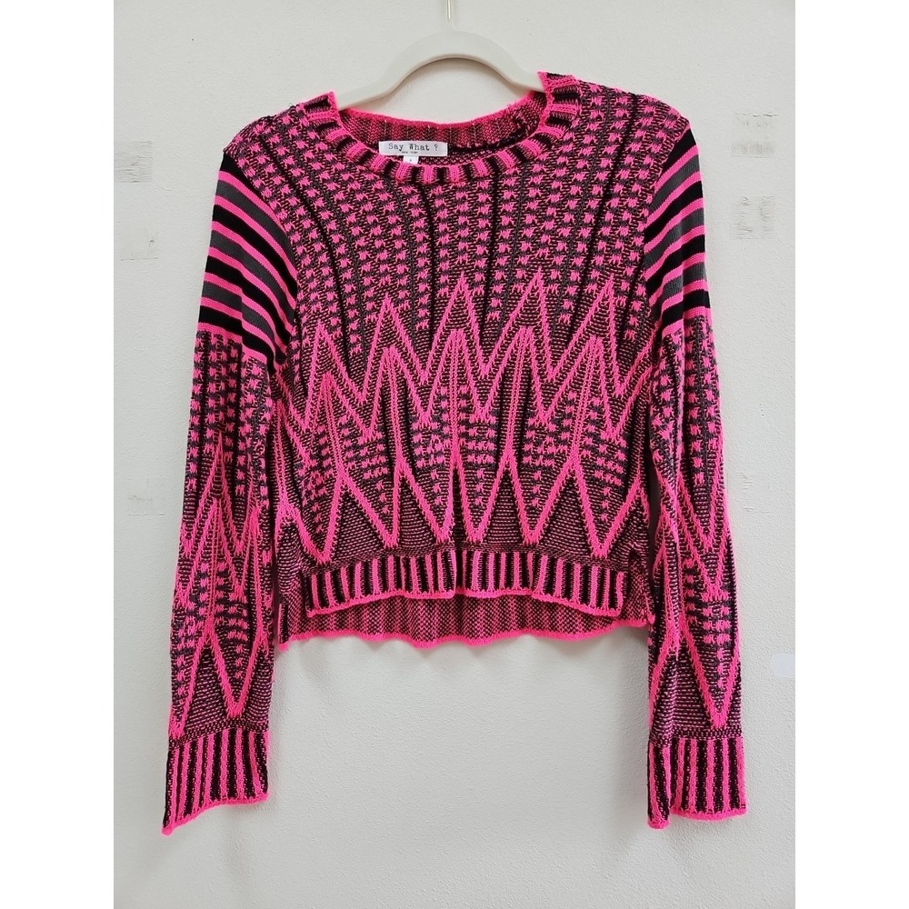 Say What? Women's Crop Long Sleeves Sweater Multicolor Black Pink Size M